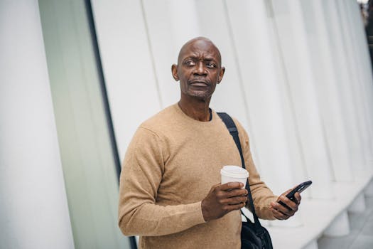 Mature bald black man with smartphone and coffee cup standing on street looking around in downtown