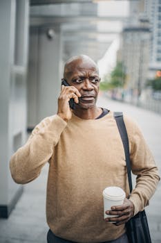 Bald man in casual attire holding a coffee cup, speaking on a phone in a city street.