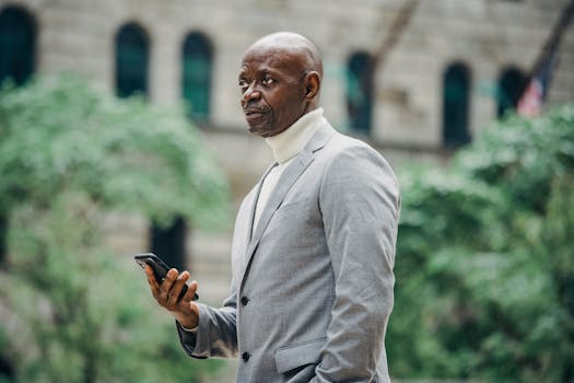 Side view of confident African American businessman in elegant suit standing on city street and using mobile phone while looking away