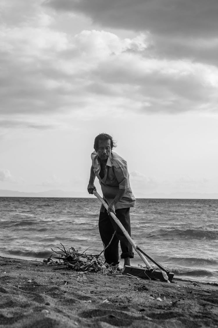 Man Raking Drift Wood By The Seashore