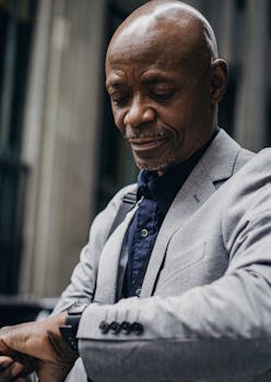 Smiling aged African American entrepreneur in formal clothes looking at clock on urban background in soft daylight