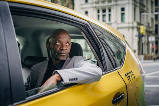 African American man in a taxi looking out at the city street, wearing a suit.
