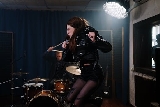 Dynamic female vocalist jumping during a live rock band performance in a soundproof studio.