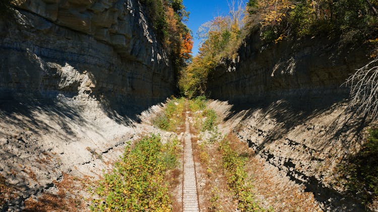 Rural Railroad Through Rough Obsolete Ravine