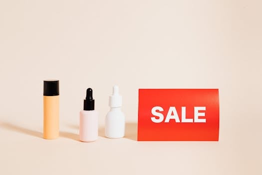 Three skincare bottles with a red sale sign, perfect for shopping promotions.