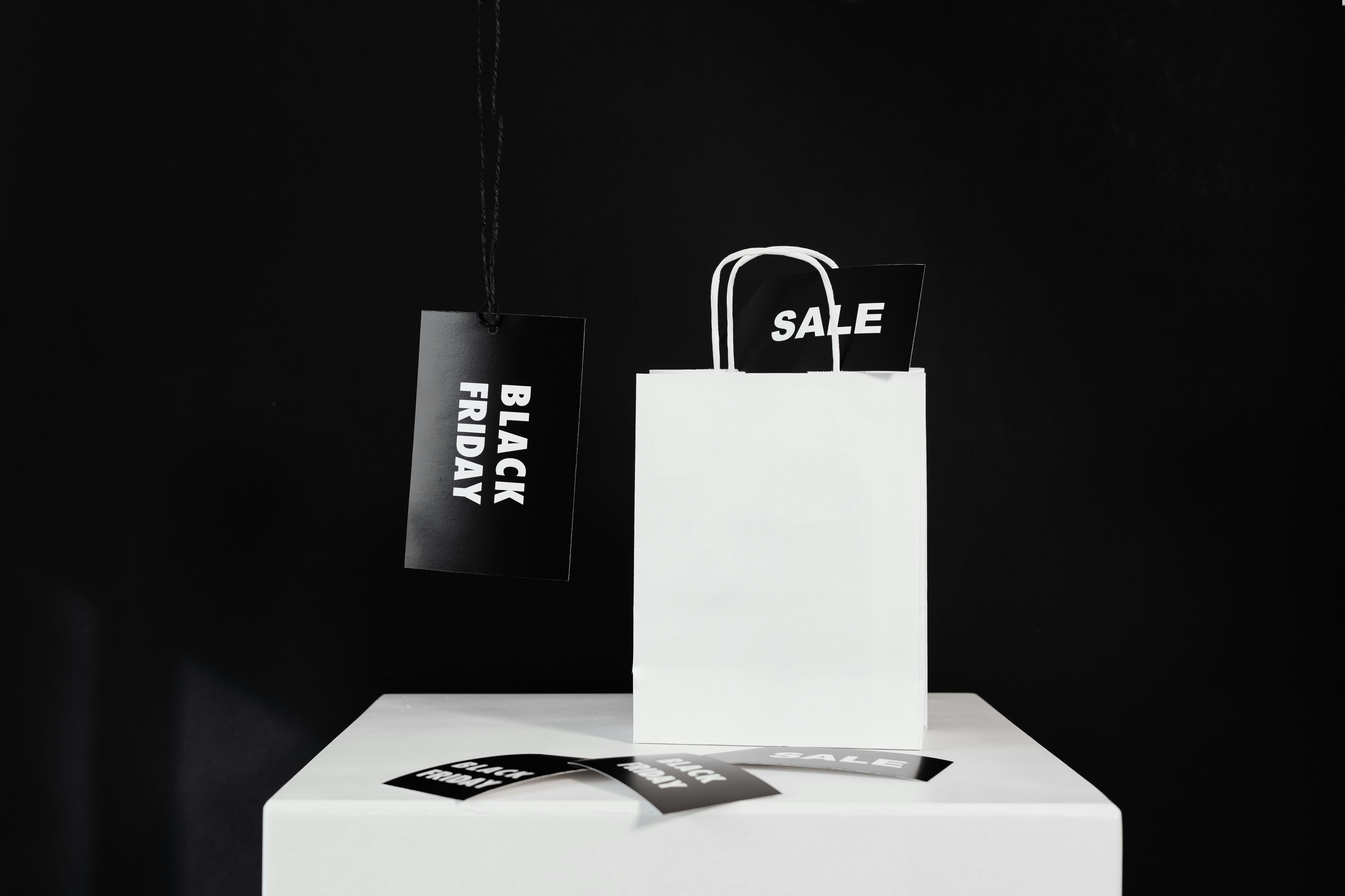 black friday tags and a white paperbag