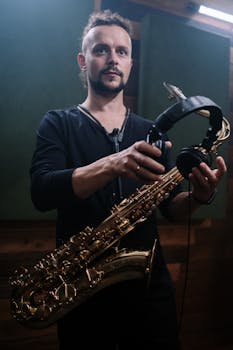 A male musician in a sound studio holding a saxophone and headphones, ready for performance.