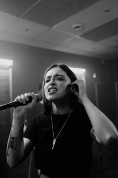 Grayscale close-up of a tattooed singer holding a microphone during a performance.