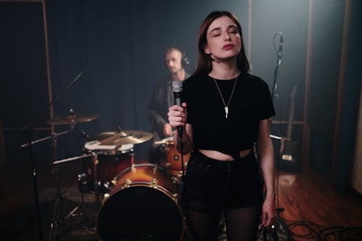 A young female singer with closed eyes holding a microphone in a recording studio.