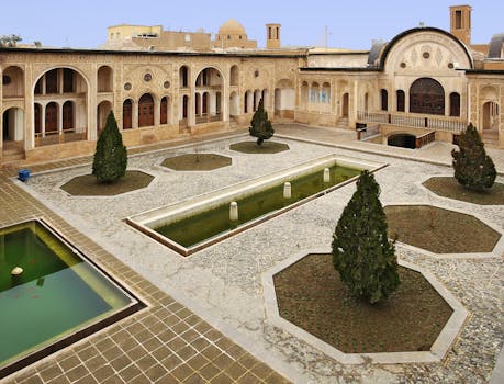 A traditional Persian courtyard featuring stunning architecture, arched windows, and serene fountains, capturing cultural splendor.