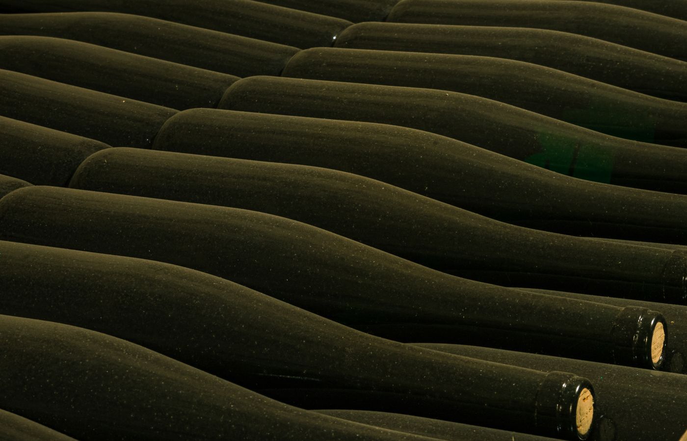 Rows of dusty wine bottles stored sideways in a dark wine cellar.