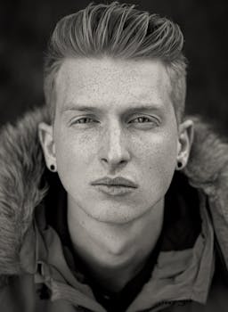 Monochrome portrait of a freckled man in a fur coat, serious expression.