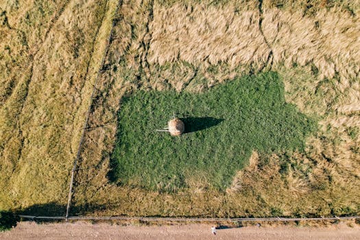 Aerial view of rural land with haystack on green ground near hay field