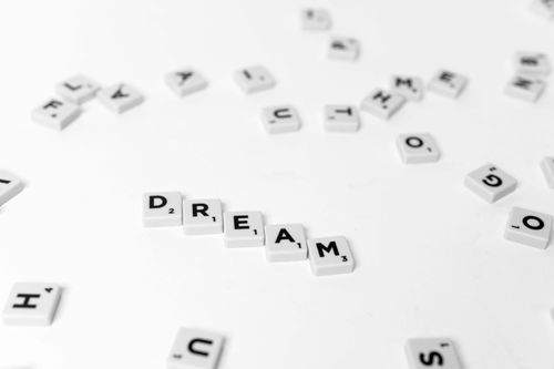 Free Close-up of scattered Scrabble tiles forming the word 'dream' on a white background. Stock Photo