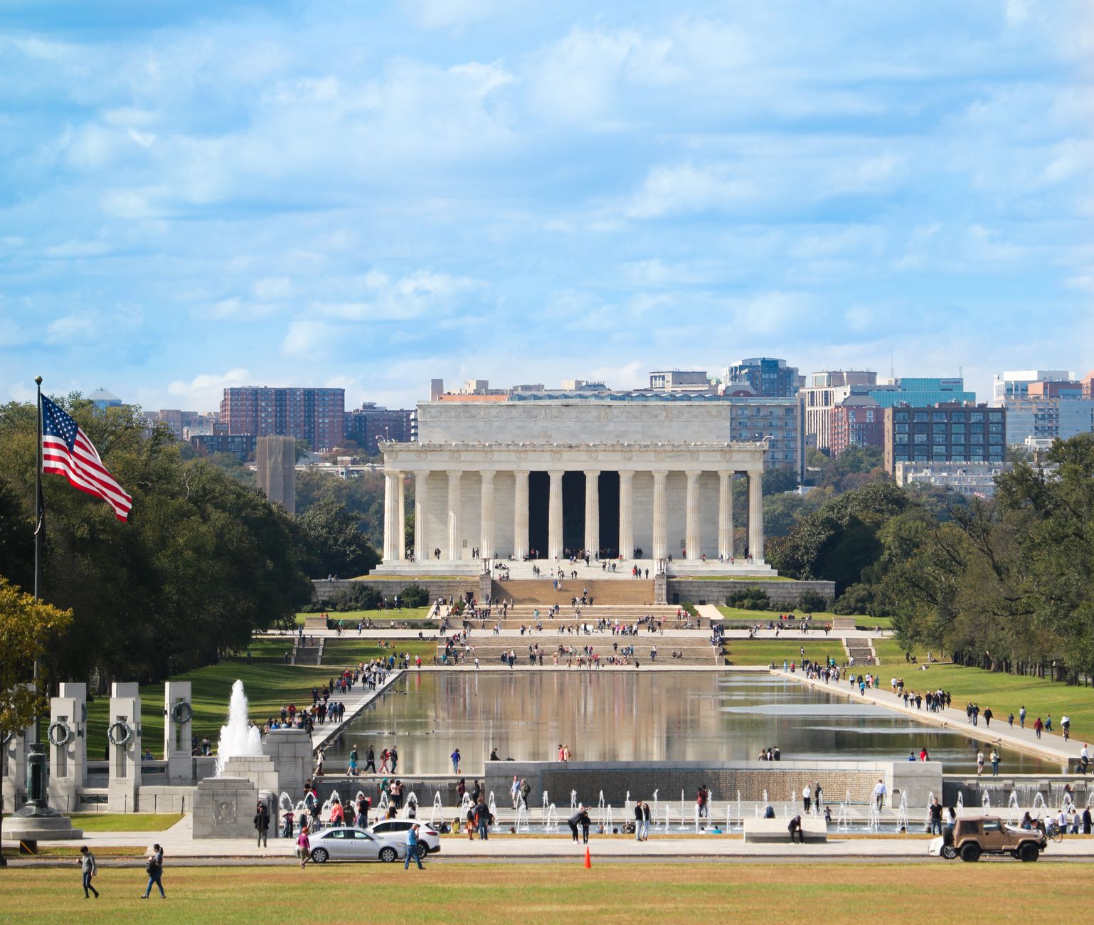 Scenic view of Lincoln Memorial and Reflecting Pool in Washington, D.C. with clear blue skies.