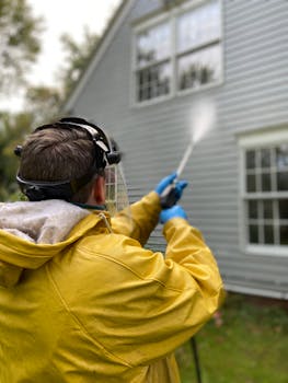 Nearly finished power washing the side of a home with yellow coat.