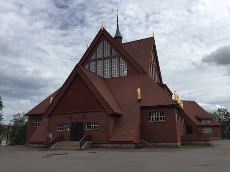 Detailed view of Kiruna Church, showcasing Gothic Revival architecture in Sweden.