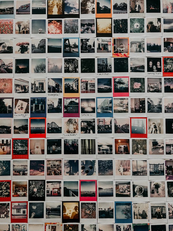 Instant shots with different bright memories of travelling and journeys hanging on wall
