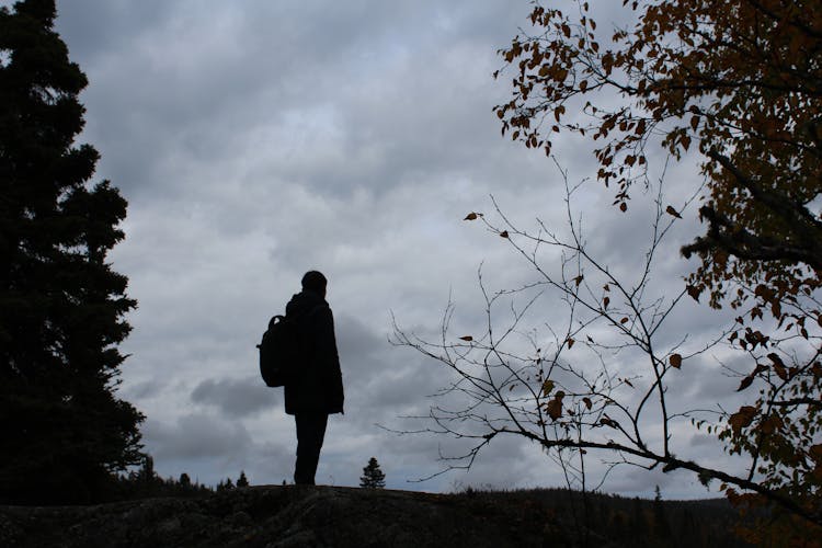 Silhouette Of A Man Standing On Top Of A Hill On A Cloudy Day 