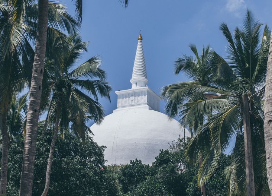 Serene view of the Mihintale Stupa amidst lush palm trees in Sri Lanka, under a clear blue sky.