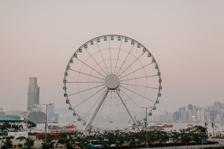 View of the Hong Kong Observation Wheel against the city skyline during twilight.