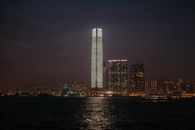 Intriguing night scene of Hong Kong's International Commerce Centre and skyline.