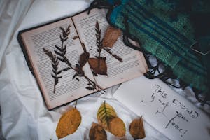Book with herbarium on white cloth near envelope