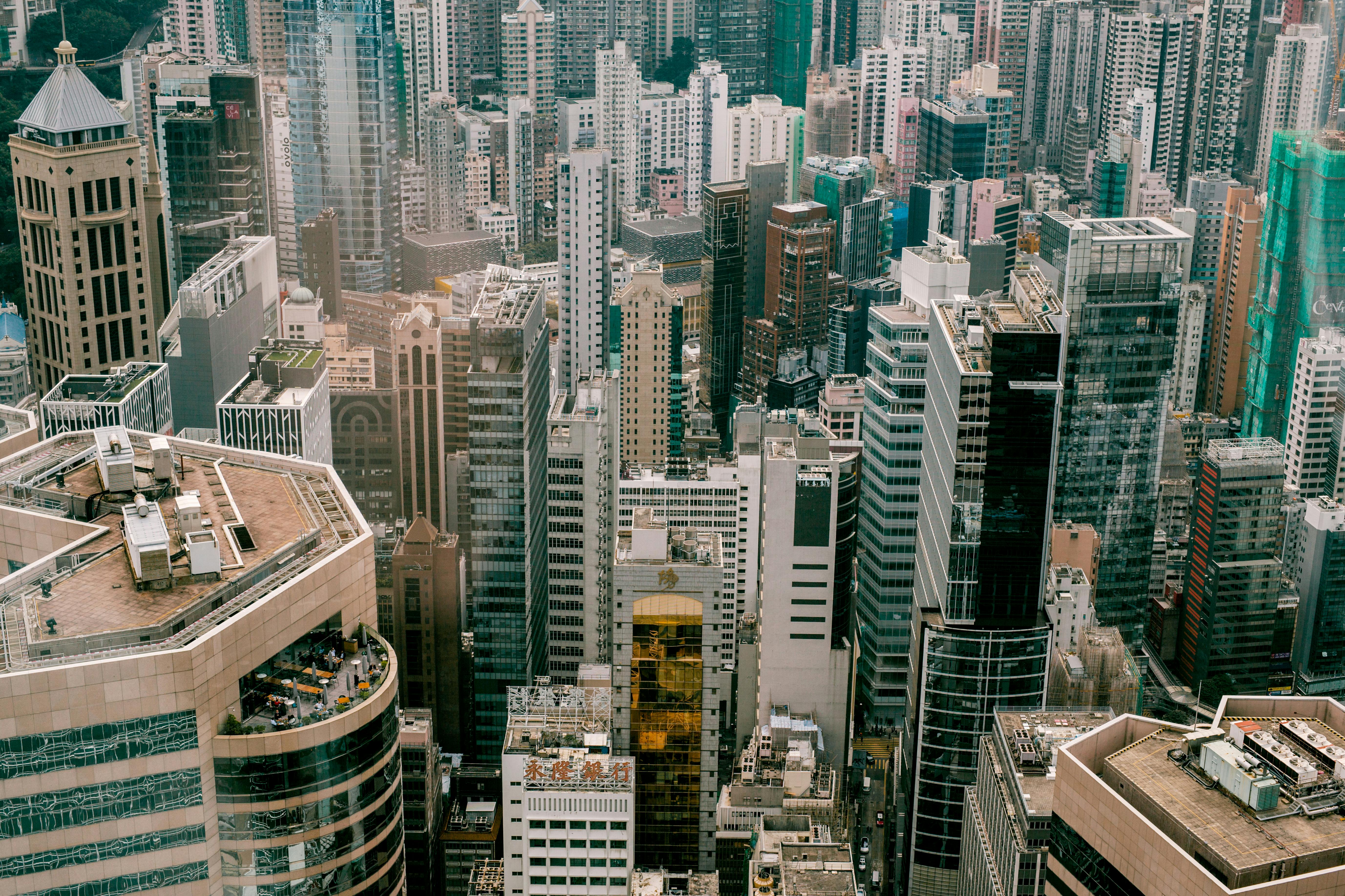 aerial view of high rise city buildings