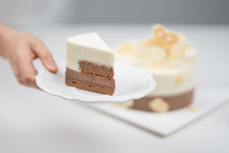 Person Holding Plate With Cake Piece