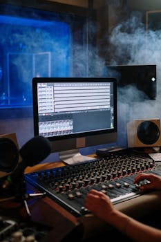 A modern music studio with audio mixer and computer screen displaying tracks.
