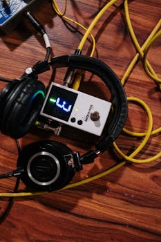 Close-up image of headphones, a tuner, and cables on a wooden floor.