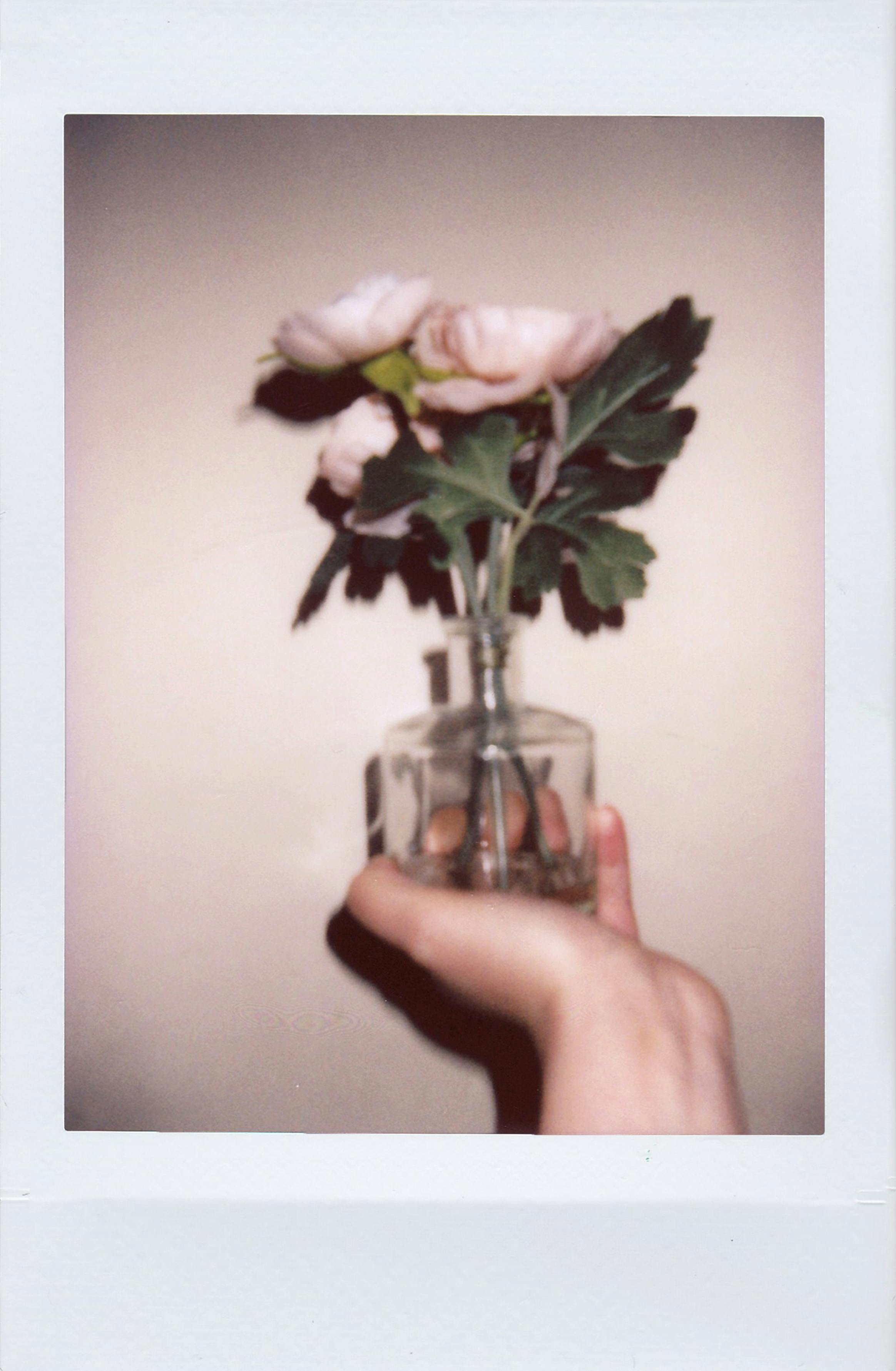 A nostalgic polaroid photo featuring a hand holding a small vase with pink flowers, evoking a vintage charm.