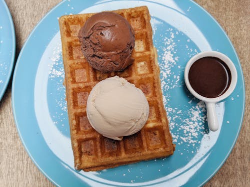 Free A Waffle With Chocolate and Vanilla Ice Cream  Stock Photo