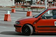 Old fashioned rally car in city