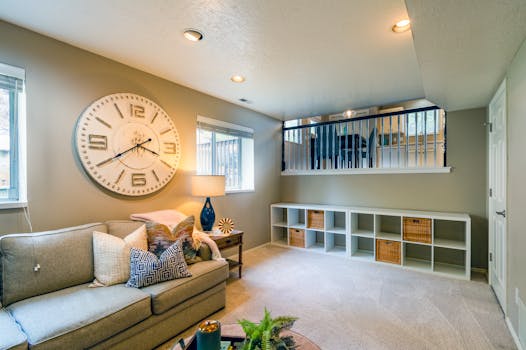 A modern living room featuring a large wall clock, sofa, and elegant decor.