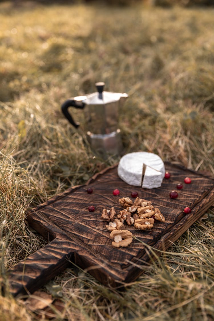 Cheese, Berries And Walnuts With Italian Coffee Maker On The Grass