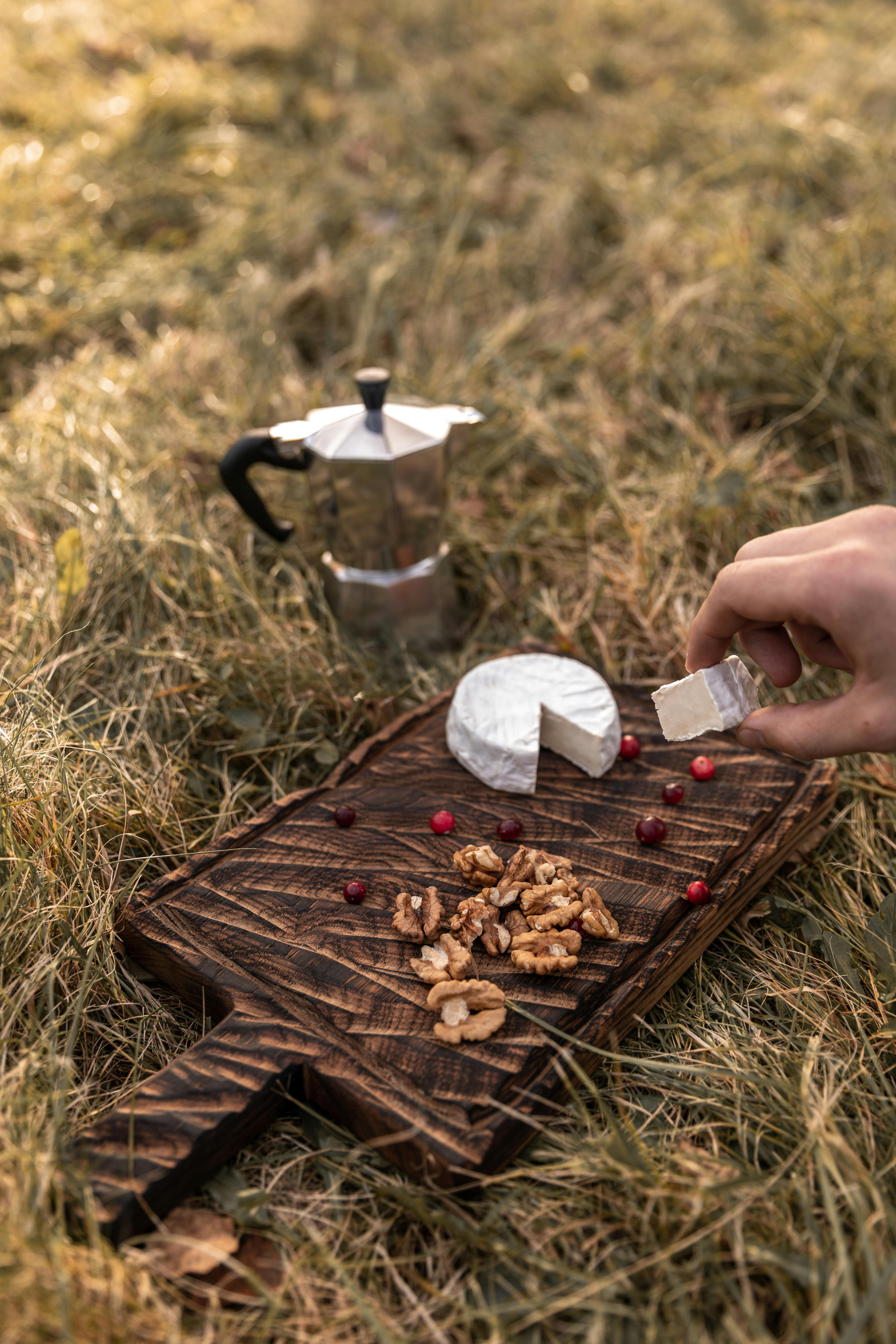 草地上摆着乡村奶酪和坚果的野餐，旁边放着咖啡壶