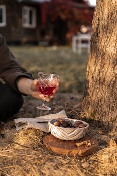 A cozy outdoor autumn scene with wine and chestnuts near a tree.