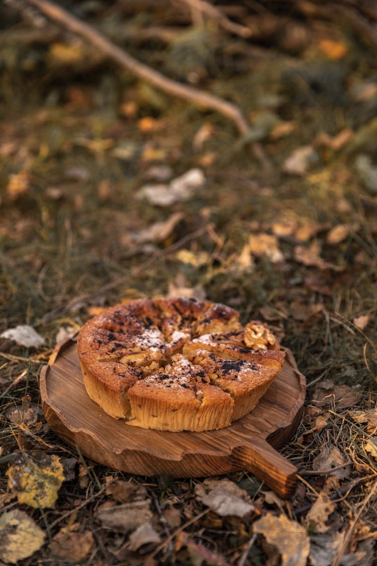 A Cake On A Cutting Board On The Ground Outdoors 