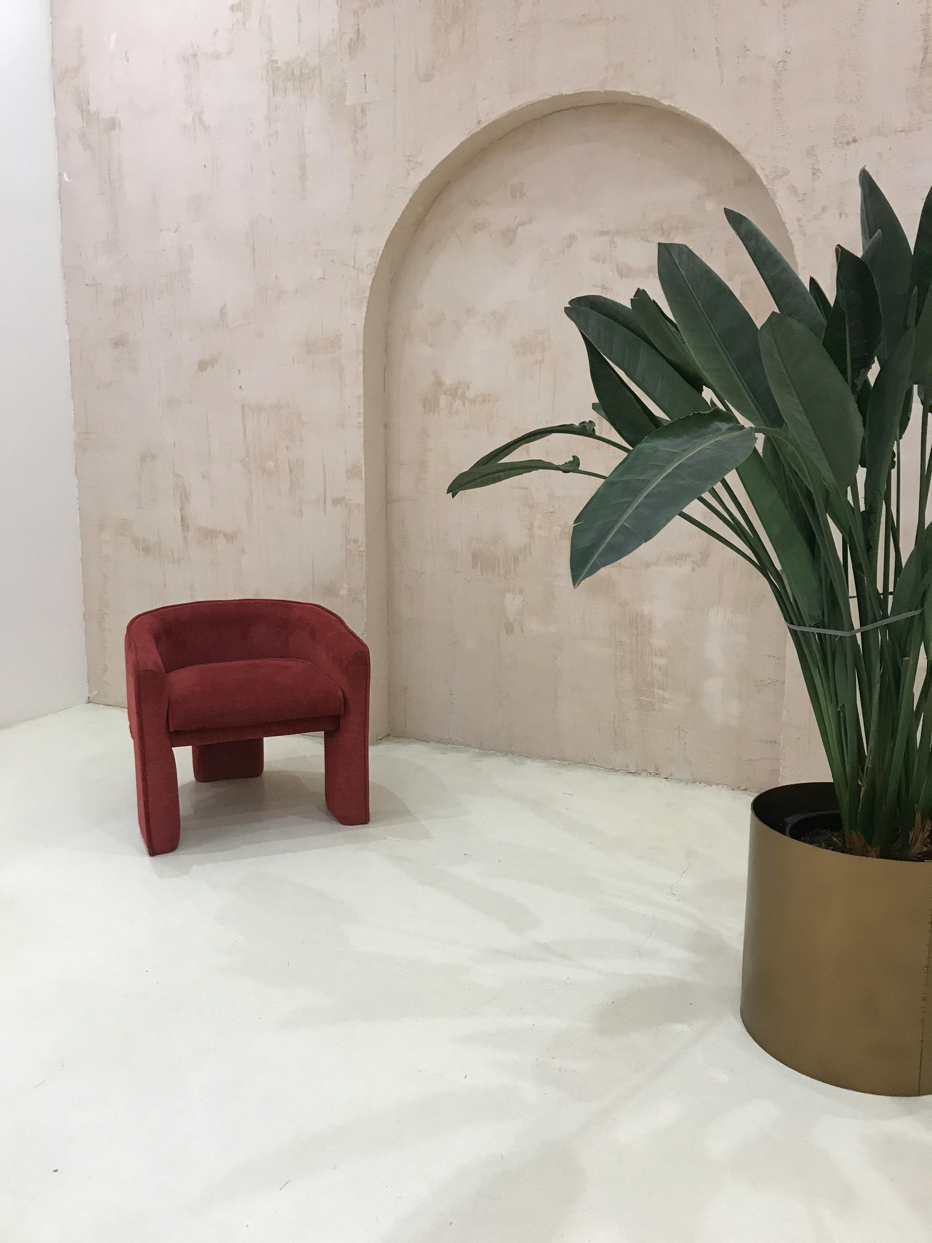 Elegant room with a red chair and lush green plant in a modern, minimalist design.