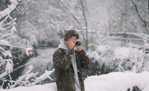 Man taking photo with camera in winter