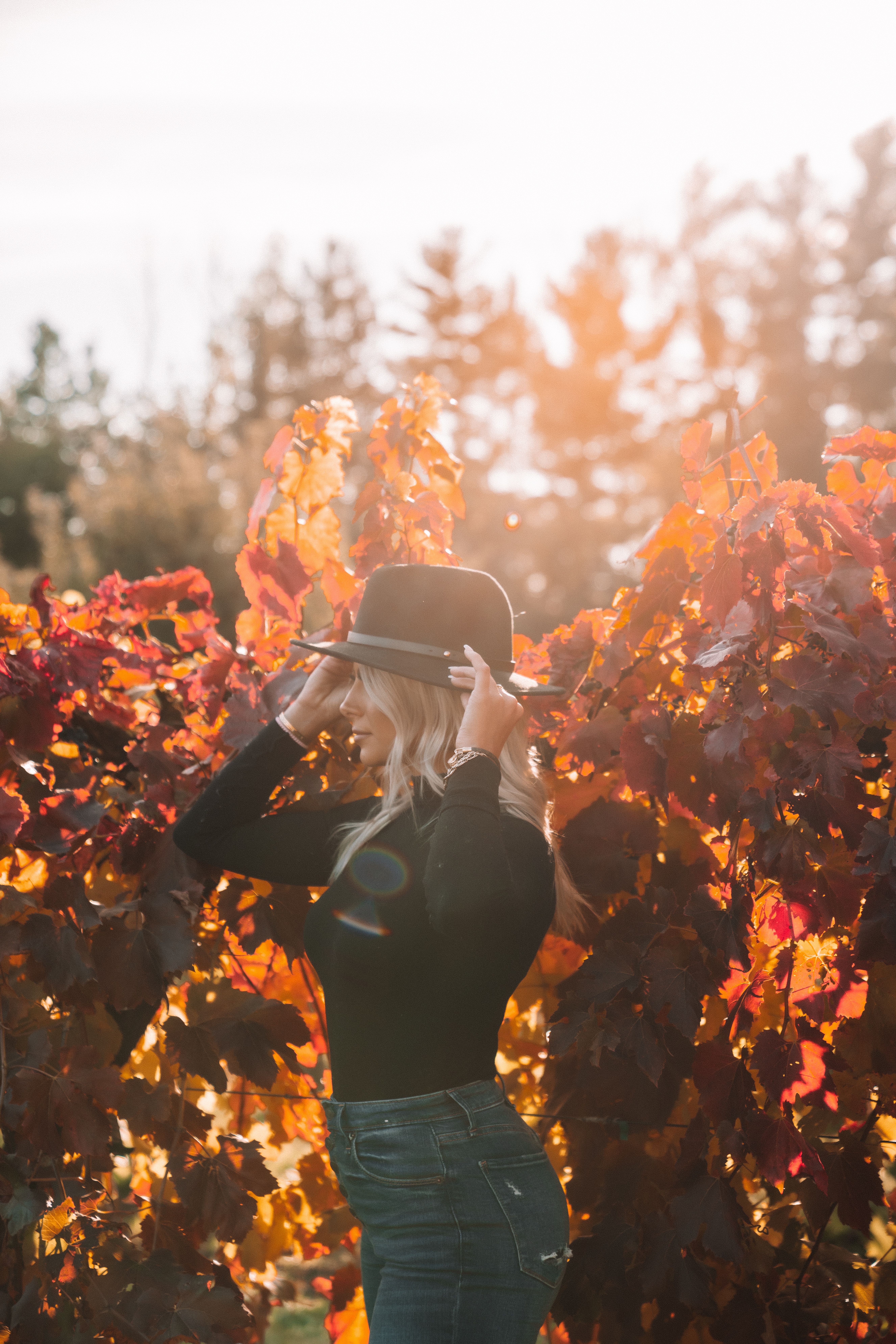 A young woman in a hat enjoys a serene moment in a sunlit autumn vineyard.
