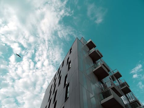 低角度镜头下，一座现代摩天大楼的阳台上方，一只鸟在蓝天中飞翔