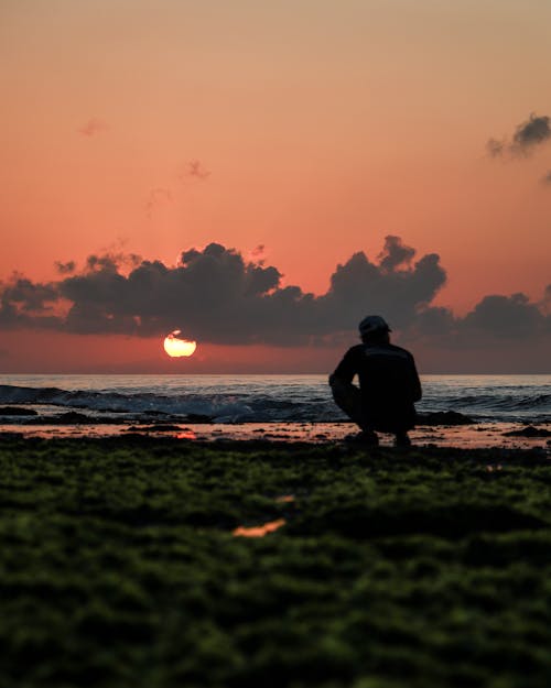 Back View Of a Man Sitting on The Seashore 