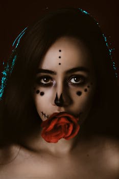 Eerie portrait of a woman with skull makeup holding a red rose in her mouth, capturing a mysterious Halloween vibe.