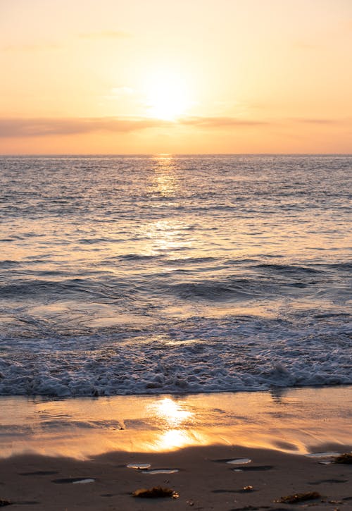 Sea Waves Crashing on Shore during Sunset