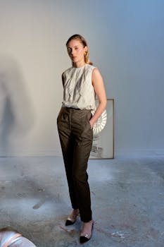 Elegant woman posing indoors in Paris with hands in pockets and artistic background.