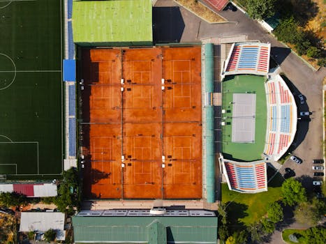 Aerial photo showcasing clay tennis courts and adjacent soccer field in Yerevan, Armenia.