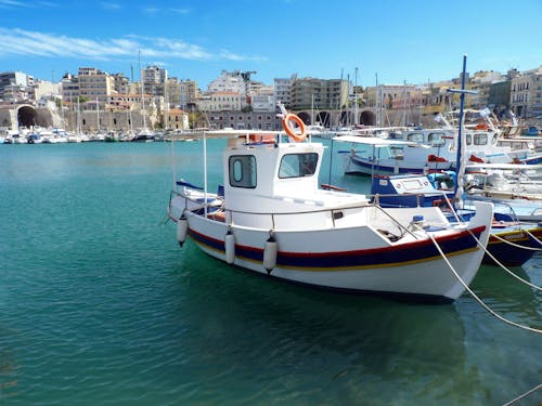 Yachts moored in port of city