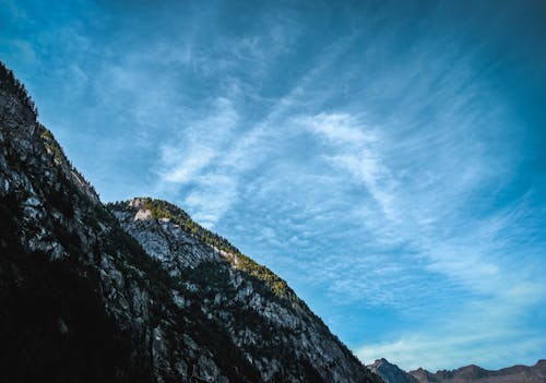 High rough mountain under blue cloudy sky